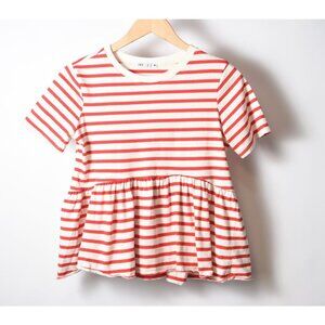 Zara Red and Ivory Striped Peplum Waist Short Sleeve Tee Shirt Blouse Size S